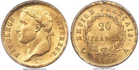 Napoleon gold 20 Francs 1809-A MS64+ PCGS, Paris mint, KM695.1. Fully brilliant with every minute detail expressed to utter clarity and precision, one...