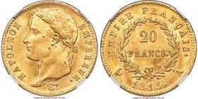 Napoleon gold "Hundred Days" 20 Francs 1815-A MS65 NGC, Paris mint, KM705.1. Struck during the final period of Napoleon's reign, beginning with his es...