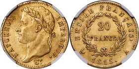 Napoleon gold "Hundred Days" 20 Francs 1815-A MS62 NGC, Paris mint, KM705.1. A truly scarce issue which was struck during the short, 100-day period th...