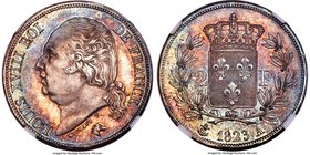 Louis XVIII 2 Francs 1823-A MS65+ NGC, Paris mint, KM710.1, Gad-513. Simply superb, with blue and gold tones each dominating their respective areas of...
