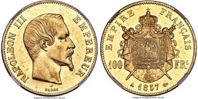 Napoleon III gold 100 Francs 1857-A AU58 NGC, Paris mint, KM786.1. The coin features a sunny, bright appearance with flashy luster in the fields, litt...
