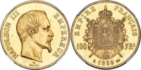 Napoleon III gold 100 Francs 1859-A MS62 NGC, Paris mint, KM786.1, Fr-569. Luminous and exhibiting pleasingly rendered devices alongside only light in...