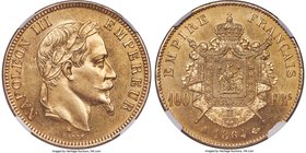 Napoleon III gold 100 Francs 1864-A AU58 NGC, Paris mint, KM802.1. With only a hint of nearly imperceptible wear visible and lustrous glowing surfaces...