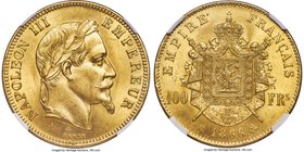 Napoleon III gold 100 Francs 1866-BB MS63 NGC, Strasbourg mint, KM802.2. Displaying an alluring golden brilliance, this offering reveals even less in ...