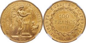 Republic gold 100 Francs 1878-A MS64 NGC, Paris mint, KM832. Fully lustrous and virtually Gem Mint State. A lovely example with a bold strike.

HID0...