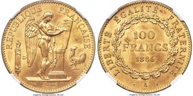 Republic gold 100 Francs 1886-A MS64+ NGC, Paris mint, KM832. A robust golden luster bursts from the surfaces of this near-gem piece. Tremendous eye-a...