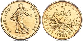 Republic gold Proof Piefort 5 Francs 1981 PR67 NGC, Paris mint, KM-P709. Mintage: 52. Bright and impressively preserved, exhibiting a light brassy ton...