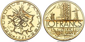 Republic gold Proof Piefort 10 Francs 1981 PR68 NGC, Paris mint, KM-P17. Mintage: 52. An offering displaying lustrous golden color, the surfaces nearl...