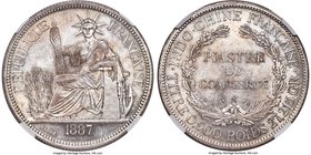 French Colony Piastre 1887-A MS66+ NGC, Paris mint, KM5. Truly awe-inspiring, this exceptional specimen pushes the likely uppermost limit of achievabl...