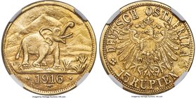 German Colony. Wilhelm II gold 15 Rupien 1916-T MS63 NGC, Tabora mint, KM16.2. Arabesque below the A in OSTAFRIKA variety. Shimmering luster graces th...