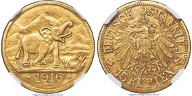 German Colony. Wilhelm II gold 15 Rupien 1916-T MS61 NGC, Tabora mint, KM16.2, Fr-1. Arabesque below the "A" of OSTAFRIKA variety. A visually pleasing...