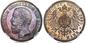 Baden. Friedrich I 2 Mark 1899-G MS65 Prooflike NGC, Stuttgart mint, KM 269. A deeply toned obverse with a plethora of richly iridescent shades, a lig...
