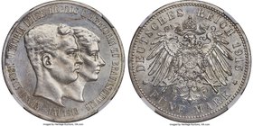 Brunswick-Wolfenbüttel. Ernst August 5 Mark 1915-A MS62 NGC, Berlin mint, KM1163. Variety without U. LÜNEB. Sheathed in regal silver tones with a dist...