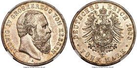 Hesse-Darmstadt. Ludwig IV 5 Mark 1888-A AU58 NGC, Berlin mint, KM360. A very rare single-year issue, boldly struck and with only the slightest trace ...