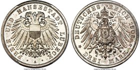 Lübeck. Free City Proof 3 Mark 1908-A PR67 Cameo PCGS, Berlin mint, KM215. A superb high-grade gem example of the type, replete with shimmering surfac...