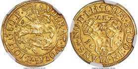 Mansfeld-Artern. Volrat VI, Wolfgang III, & Johann Georg II gold Goldgulden 1626-AK AU55 NGC, KM58, Fr-1585. 3.18gm. A reasonably well preserved examp...