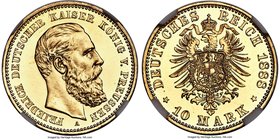 Prussia. Friedrich III gold Proof 10 Mark 1888-A PR63 Cameo NGC, Berlin mint, KM514. Highly reflective, with a satisfying cameo contrast. The devices ...