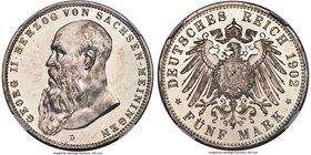Saxe-Meiningen. Georg II 5 Mark 1902-D MS64 Prooflike NGC, Munich mint, KM201. Long beard variety. A lovely example with sparkling mint luster, highly...