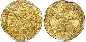 Saxony. Johann Georg I gold 2 Ducat 1630 AU55 NGC, KM421, Fr-2701. CONFESS LUTHER: AUG: EXHIBITÆ SECULUM, Johann Georg, facing right, dressed in royal...