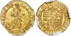Teutonic Order. Maximilian III gold Ducat ND (1590-1618) AU58 NGC, Munich mint, KM20, Fr-3379, Neumann-104. Some remaining luster with a slightly wavy...