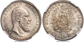 Württemberg. Karl I 2 Mark 1888-F MS63+ NGC, Stuttgart mint, KM626. Strong spiral luster flares from the lightly toned fields showing iridescent hues ...