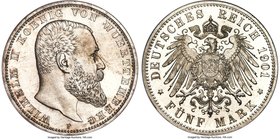 Württemberg. Wilhelm II Proof 5 Mark 1901-F PR64 NGC, Stuttgart mint, KM632. Icy fields with delicate frost on the raised portions of the design creat...