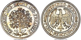 Weimar Republic Proof "Oak Tree" 5 Mark 1927-E PR64 NGC, Muldenhutten mint, KM56. Lightly toned with excellent mirrored surfaces. A very scarce type i...