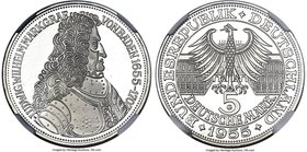 Federal Republic Proof "Ludwig von Baden" 5 Mark 1955-G PR68 Ultra Cameo NGC, Karlsruhe mint, KM115 J-390. Commemorating the 300th Anniversary of the ...
