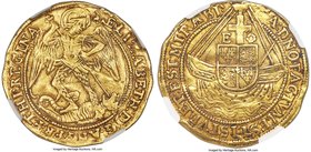Elizabeth I (1558-1603) gold Angel ND (1582-1584) XF45 NGC, Tower mint, "A" over Bell mm, S-2531, N-2005. Slightly wavy flan, otherwise boasting unusu...