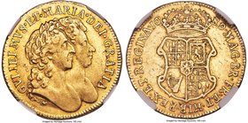 William & Mary gold Guinea 1689 XF40 NGC, KM474.1, S-3426. Later harp. Evenly worn but to no great visual detriment, William and Mary's jugate portrai...