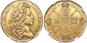 William III gold "Fine Work" 2 Guineas 1701 XF45 NGC, KM507, S-3457. Bearing the ever-popular elaborate portrait engraved by Croker and championed by ...