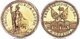 "Concord of Holland, England, and Germany" gold Medalet 1746 MS62 PCGS MI-619/291. 21mm. 2.78gm. By Martin Holtzhey. Obv. Standing figure of Holland a...