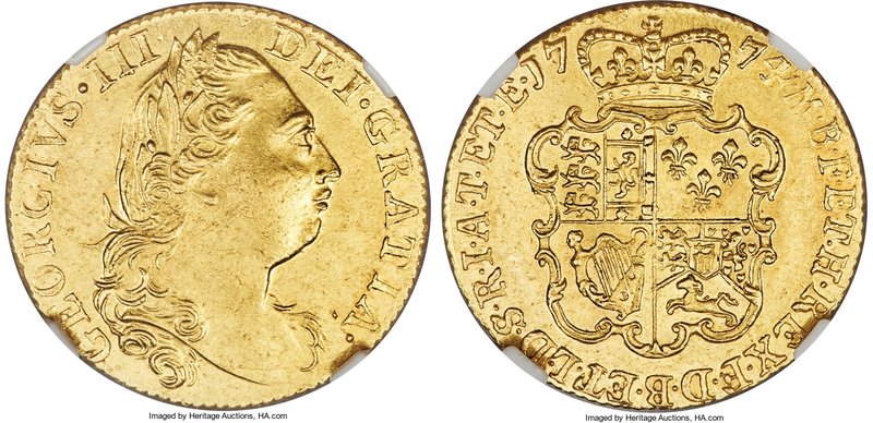 George III gold Guinea 1774 MS62 NGC, KM602, S-3728. A lustrous near-choice piec...