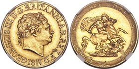 George III gold Sovereign 1817 MS63 NGC, KM674, S-3785. A fantastic example of this first-year Sovereign, the type so often encountered with heavy han...