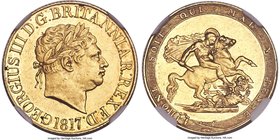 George III gold Sovereign 1817 AU58 NGC, KM674, S-3785. Scarce in higher grades, a lustrous first-year Sovereign with bold details bearing only the li...