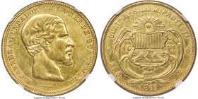 Republic gold 16 Pesos 1869-R AU Details (Removed From Jewelry) NGC, KM188. A bright coin with an orange-gold tone, light edge bruising from where the...