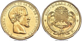 Republic gold 20 Pesos 1869-R AU55 NGC, KM194. A boldly struck large gold coin with pleasing, slightly matte amber tones over vibrant underlying luste...
