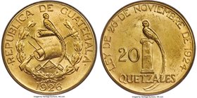 Republic gold 20 Quetzales 1926-(P) MS63 PCGS, Philadelphia mint, KM246, Fr-48. Distinctively expressive across each facet of the struck design, with ...