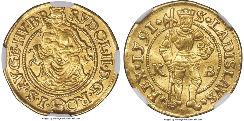 Rudolf II gold Ducat 1591-KB AU55 NGC, Kremnitz mint, Fr-63, Husz-1002. 3.49gm. ...