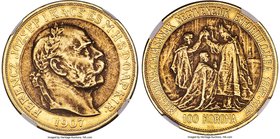 Franz Joseph I gold 100 Korona 1907-KB AU58 NGC, Kremnitz mint, KM490. An attractive commemorative struck for the anniversary of Franz Joseph's corona...