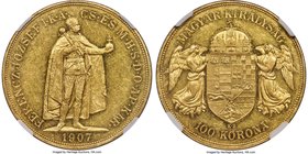 Franz Joseph I gold 100 Korona 1907-KB AU58 NGC, Kremnitz mint, KM491. The coin exhibits a lovely lemon-gold chroma with a minimum of light friction m...