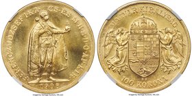 Franz Joseph I gold Restrike 100 Korona 1908-KB MS66 NGC, Kremnitz mint, KM491. A lovely example with a vibrant luster and warm, glassy surfaces. AGW ...