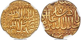 Mughal Empire. Akbar (AH 963-1014 / AD 1556-1605) gold Mohur AH 983 (AD 1575/6) AU55 NGC, Agra mint, KM108.1, Hull-1205. Showcasing a trademark bold r...