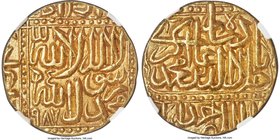 Mughal Empire. Akbar (AH 963-1014 / AD 1556-1605) gold Mohur AH 987 (AD 1579/80) MS64 NGC, Ahmadabad mint, KM108.2, cf. Hull-1211 (plain square), Whit...