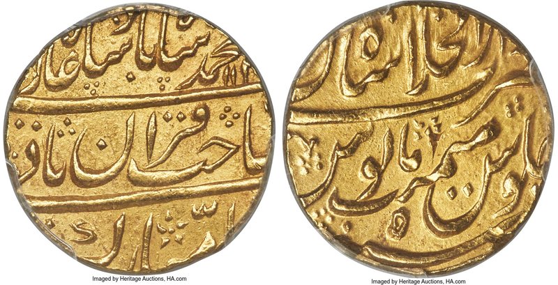 Mughal Empire. Muhammad Shah gold Mohur AH 113x Year 5 MS63 PCGS, Shahjahanabad ...