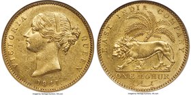 British India. Victoria gold Mohur 1841.-(c) (1850/1) AU58 NGC, Calcutta mint, KM462.1, Prid-22, S&W-3.7. Type A Bust, Type I Reverse. Divided Legend ...