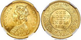 British India. Victoria gold Mohur 1862-(c) MS63+ NGC, Calcutta mint, KM480, S&W-4.1. Type A Bust, Type I Reverse. Younger bust with 1 flower in botto...