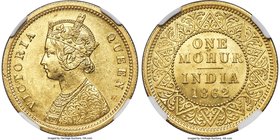 British India. Victoria gold Mohur 1862-(c) MS62 NGC, Calcutta mint, KM480, S&W-4.3. Type A Bust, Type II Reverse. Younger bust with 1 flower in botto...