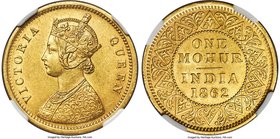 British India. Victoria gold Mohur 1862-(c) MS62 NGC, Calcutta mint, KM480, S&W-4.1. Type A Bust, Type I Reverse. Younger bust with one flower in bott...
