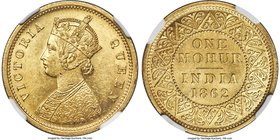 British India. Victoria gold Mohur 1862-(c) MS62 NGC, Calcutta mint, KM480, S&W-4.6, Type C Bust, Type I Reverse. Younger bust with 2 flowers in botto...